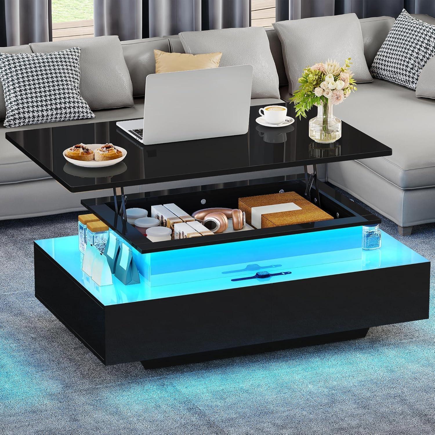 imageYITAHOME LED Coffee Table with Storage High Glossy LED Coffee Tables for Living Room Modern Black Rectangle Coffe Table Small Center Table with Open Display Shelf ampamp 4 Sliding Drawers Glossy BlackGlossy Black