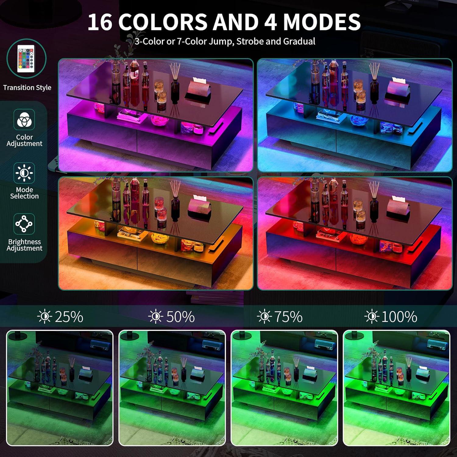 imageYITAHOME LED Coffee Table with Storage High Glossy LED Coffee Tables for Living Room Modern Black Rectangle Coffe Table Small Center Table with Open Display Shelf ampamp 4 Sliding Drawers Glossy BlackGlossy Black