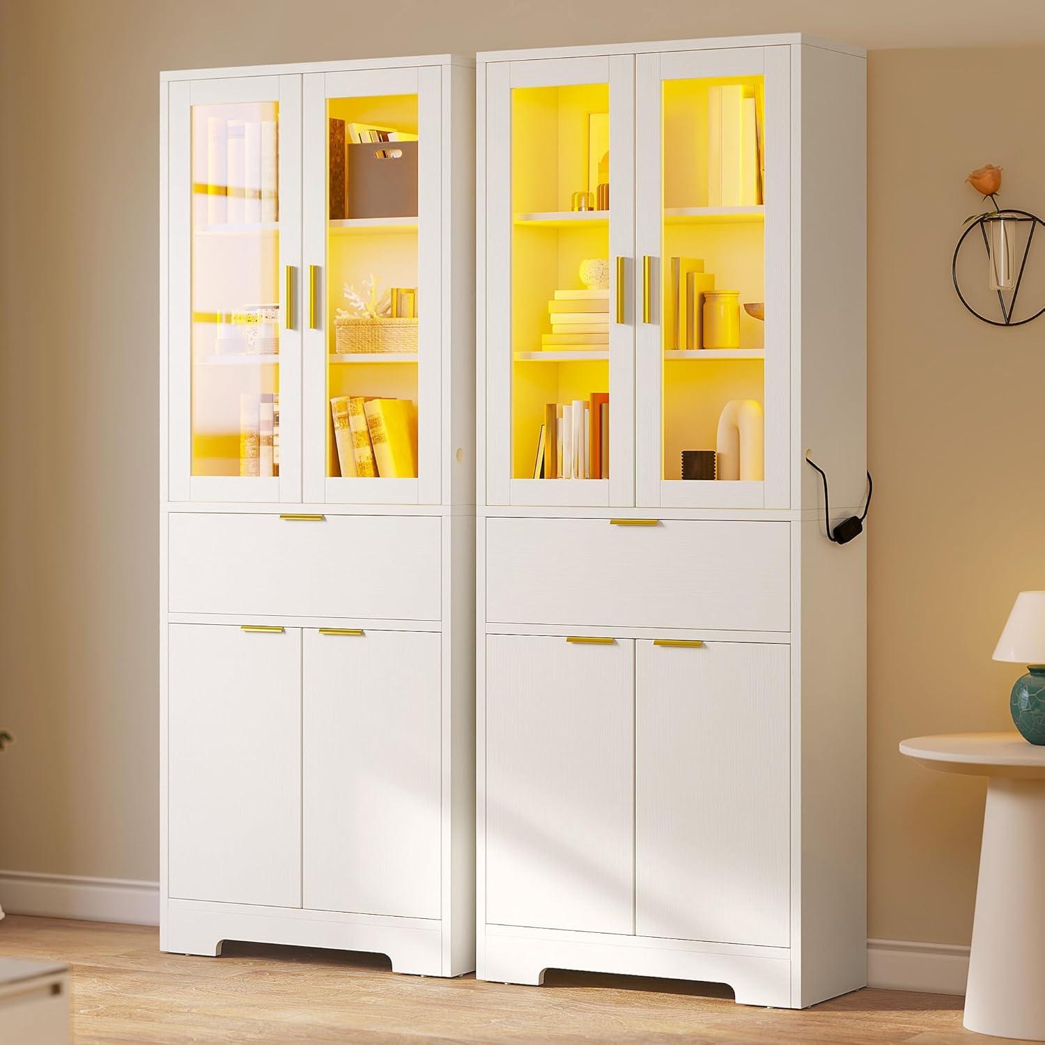 imageYITAHOME Tall Black Bookshelf with Storage Black Bookcase with Doors and Drawers Tall Bookshelf with MultiColor LED Lights Kitchen Pantry Cabinet for Bedroom Kitchen Living RoomWhite