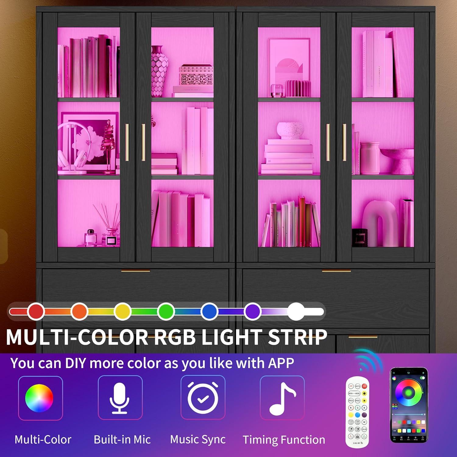 imageYITAHOME Tall Black Bookshelf with Storage Black Bookcase with Doors and Drawers Tall Bookshelf with MultiColor LED Lights Kitchen Pantry Cabinet for Bedroom Kitchen Living RoomBlack