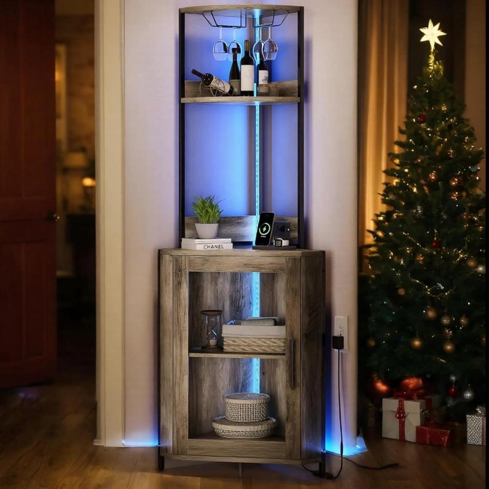 imageYITAHOME Corner Wine Cabinet with Power Outlets ampamp LED Lights Corner Bar Cabinet with Glass Holder Liquor Bar Rack Cabinet for Living Room Dining Room Kitchen Metal BlackGray Oak