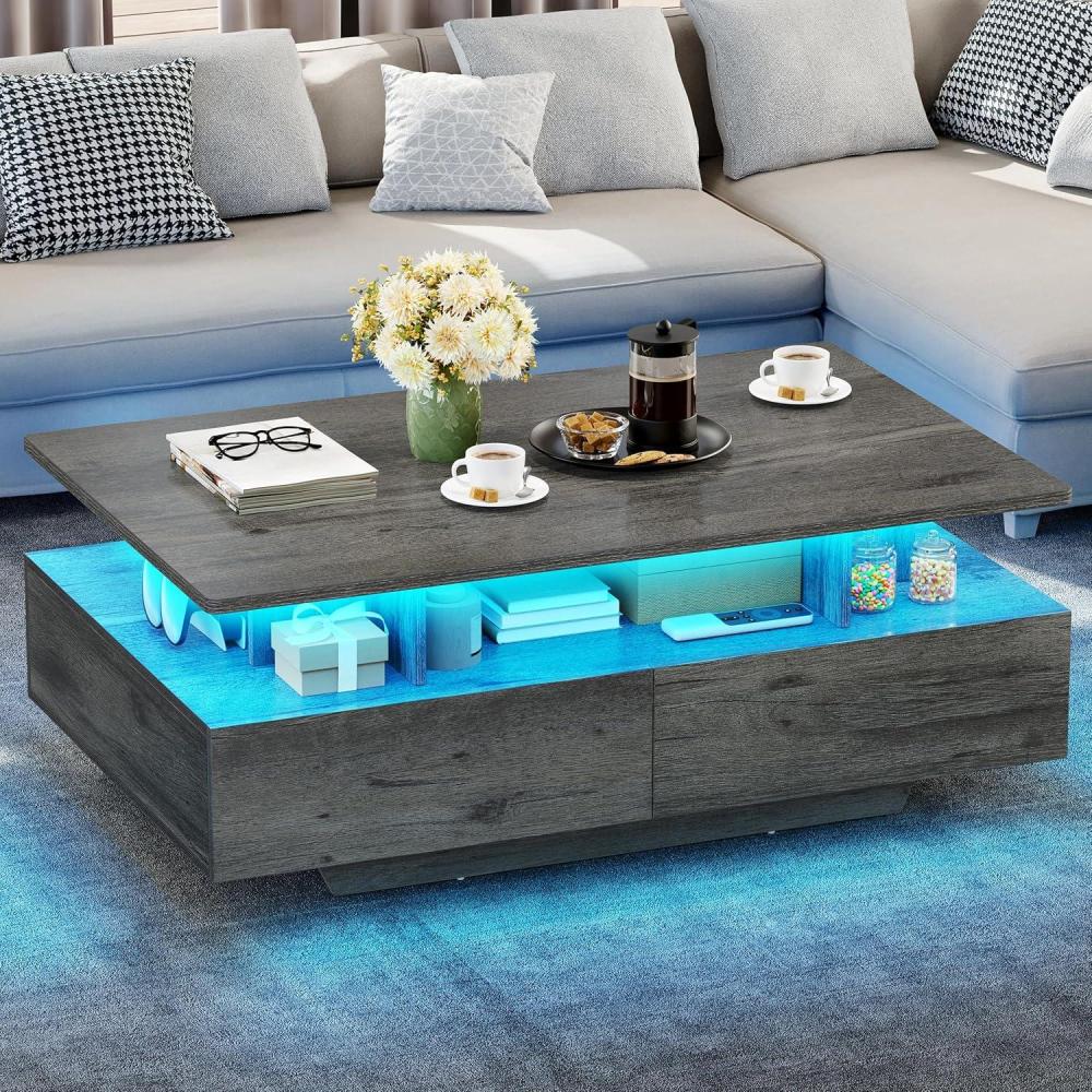 imageYITAHOME LED Coffee Table with Storage High Glossy LED Coffee Tables for Living Room Modern Black Rectangle Coffe Table Small Center Table with Open Display Shelf ampamp 4 Sliding Drawers Glossy BlackGrey