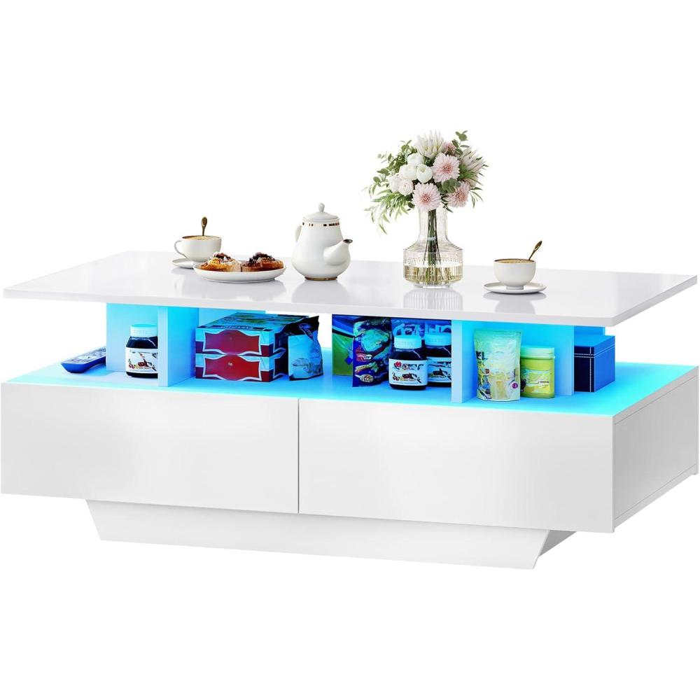 imageYITAHOME LED Coffee Table with Storage High Glossy LED Coffee Tables for Living Room Modern Black Rectangle Coffe Table Small Center Table with Open Display Shelf ampamp 4 Sliding Drawers Glossy BlackGlossy White