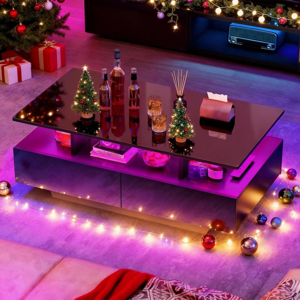 imageYITAHOME LED Coffee Table with Storage High Glossy LED Coffee Tables for Living Room Modern Black Rectangle Coffe Table Small Center Table with Open Display Shelf ampamp 4 Sliding Drawers Glossy BlackGlossy Black