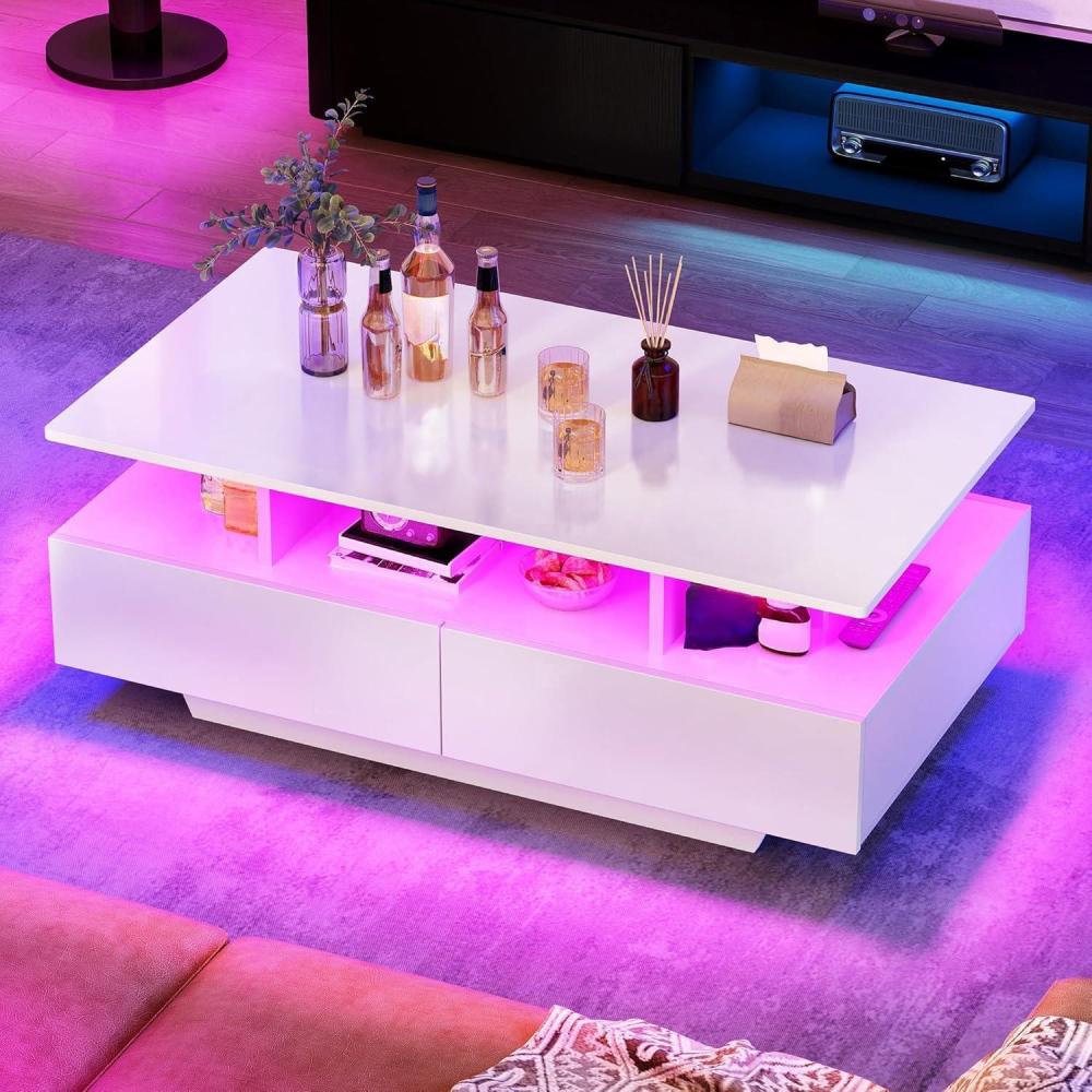 imageYITAHOME LED Coffee Table with Storage High Glossy LED Coffee Tables for Living Room Modern Black Rectangle Coffe Table Small Center Table with Open Display Shelf ampamp 4 Sliding Drawers Glossy BlackWhite