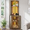 imageYITAHOME Corner Wine Cabinet with Power Outlets ampamp LED Lights Corner Bar Cabinet with Glass Holder Liquor Bar Rack Cabinet for Living Room Dining Room Kitchen Metal BlackGray Oak