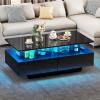 imageYITAHOME LED Coffee Table with Storage High Glossy LED Coffee Tables for Living Room Modern Black Rectangle Coffe Table Small Center Table with Open Display Shelf ampamp 4 Sliding Drawers Glossy BlackGlossy Black