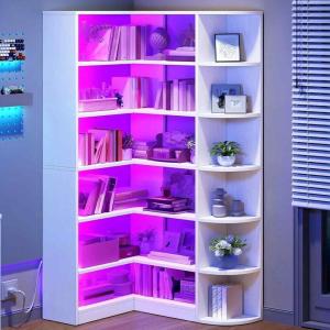 imageYITAHOME Corner Bookshelf with LED Light 6 Tier Corner Shelf White Bookshelf LShaped Bookcase Storage Display Shelf for Home Office Living Room White