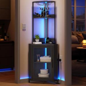 imageYITAHOME Corner Wine Cabinet with Power Outlets ampamp LED Lights Corner Bar Cabinet with Glass Holder Liquor Bar Rack Cabinet for Living Room Dining Room Kitchen Metal BlackMetal Black