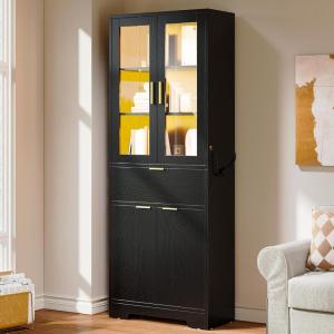 imageYITAHOME Tall Black Bookshelf with Storage Black Bookcase with Doors and Drawers Tall Bookshelf with MultiColor LED Lights Kitchen Pantry Cabinet for Bedroom Kitchen Living RoomBlack