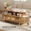 imageYITAHOME Fluted Coffee Table 472quot Oval Center Table with Sliding Doors ampamp Large Storage Modern Engineered Wood Coffee Table with Gold Handles Metal Base for Living Room Natural Oak