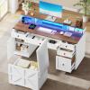 imageYITAHOME Computer Desk Stool Set with 5 Drawers Office Desk with Power Outlets ampamp LED Lights Farmhouse Wood Desks Home Office Desks with Storage Cabinet ampamp Monitor Stand for Work Study Antique WhiteAntique White