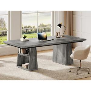 imageYITAHOME 63quot Executive Desk Large Office Desk Computer Desk with Double Pedestal and Storage Shelves Wood Simple Workstations Writing Table Conference Table Business Furniture for Home Office Grey