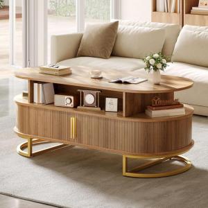 imageYITAHOME Fluted Coffee Table 472quot Oval Center Table with Sliding Doors ampamp Large Storage Modern Engineered Wood Coffee Table with Gold Handles Metal Base for Living Room Natural Oak