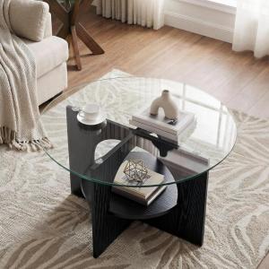 imageYITAHOME Round Coffee Table 2Tier Glass Coffee Tables with Storage MultiPurpose Modern Center Table or Cocktail Table for Living Room Office Lounge BlackBlack