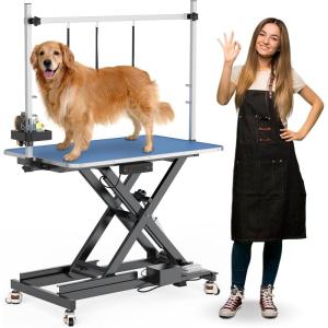 imageYITAHOME 49 Professional Electric Dog Grooming Table for Large Dog at Home Heavy Duty Foldable Pet Dog Grooming Station wAdjustable Arm Dog Grooming Stand Table wWheels 3 Nooses Tool OrganizerBlue
