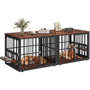 imageYITAHOME 776 Large Corner Dog Crate Furniture for 2 Dogs Steel Frame Cage with Double Doors amp Bowls amp 3 Doors Double Dog Crate Furniture TV Stand for Medium Large Dogs BrownBrown