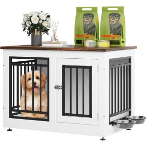imageYITAHOME 776 Large Corner Dog Crate Furniture for 2 Dogs Steel Frame Cage with Double Doors amp Bowls amp 3 Doors Double Dog Crate Furniture TV Stand for Medium Large Dogs BrownWhite