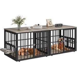 imageYITAHOME 776 Large Corner Dog Crate Furniture for 2 Dogs Steel Frame Cage with Double Doors amp Bowls amp 3 Doors Double Dog Crate Furniture TV Stand for Medium Large Dogs BrownGray