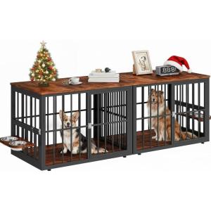 imageYITAHOME 776 Large Corner Dog Crate Furniture for 2 Dogs Steel Frame Cage with Double Doors amp Bowls amp 3 Doors Double Dog Crate Furniture TV Stand for Medium Large Dogs BrownRustic Brown
