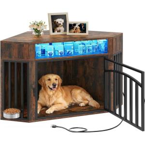 imageYITAHOME Corner Dog Crate Furniture with LED Light amp Power Outlets 52 Inch Heavy Duty Dogs Kennel with 360 Dog Bowl Decorative Indoor End Table Cage for Large Medium Dogs Rustic BrownRustic Brown