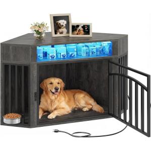 imageYITAHOME Corner Dog Crate Furniture with LED Light amp Power Outlets 52 Inch Heavy Duty Dogs Kennel with 360 Dog Bowl Decorative Indoor End Table Cage for Large Medium Dogs Rustic BrownGrey