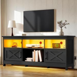 imageYITAHOME TV Stand for 807570 Inch TVs with LED Lights Farmhouse Entertainment Center with Storage Cabinets Open Shelves amp Adjustable Shelf for Living Room BlackBlack