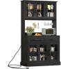 imageYITAHOME 71 Farmhouse Kitchen Pantry Storage Cabinet with Power Outlet Freestanding Pantry Hutch Cabinets with Large Countertop Microwave Stand amp Adjustable Shelves Lvory GreyBlack