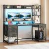 imageYITAHOME Computer Desk with Hutch amp Drawers 59 Office Desk with Power Outlets Gaming Desk with LED Lights and Storage Shelves GreyGrey
