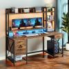 imageYITAHOME Computer Desk with Hutch amp Drawers 59 Office Desk with Power Outlets Gaming Desk with LED Lights and Storage Shelves GreyRustic Brown