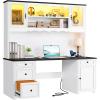 imageYITAHOME Executive Desk with Hutch and Drawers Farmhouse Computer Desk with Power Outlet amp LED Lights Home Office Desks with Storage Shelves Storage Cabinet with Glass Door White amp BlackWhite  Black