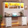 imageYITAHOME Executive Desk with Hutch and Drawers Farmhouse Computer Desk with Power Outlet amp LED Lights Home Office Desks with Storage Shelves Storage Cabinet with Glass Door White amp BlackWhite  Black