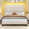 imageYITAHOME Full Bed Frame with Adjustable Vertical Channel Wingback Headboard Upholstered Platform Bed with LED Lights Solid Wood Slat Support No Box Spring NeededBeigeBeige