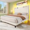 imageYITAHOME Full Bed Frame with Adjustable Vertical Channel Wingback Headboard Upholstered Platform Bed with LED Lights Solid Wood Slat Support No Box Spring NeededBeigeBeige