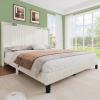 imageYITAHOME Full Bed Frame with Adjustable Vertical Channel Wingback Headboard Upholstered Platform Bed with LED Lights Solid Wood Slat Support No Box Spring NeededBeigeBeige Cream