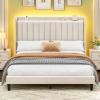 imageYITAHOME Full Bed Frame with Adjustable Vertical Channel Wingback Headboard Upholstered Platform Bed with LED Lights Solid Wood Slat Support No Box Spring NeededBeigeBeige