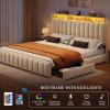 imageYITAHOME King Size Bed Frame with 3 Storage Drawers and RGB LED Lights Velvet Upholstered Bed with Charging Station and Storage Headboard No Box Spring Needed Easy Assembly NoiseFree GreyBeige