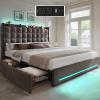 imageYITAHOME King Size Bed Frame with 3 Storage Drawers and RGB LED Lights Velvet Upholstered Bed with Charging Station and Storage Headboard No Box Spring Needed Easy Assembly NoiseFree GreyGrey