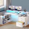 imageYITAHOME L Shaped Desk with 3 Drawers 65 Corner Computer Desk with Power Outlets amp LED Lights LShaped Desk with File Cabinet amp Printer Stand for Home Office White amp OakWhite
