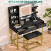 imageYITAHOME Makeup Vanity Desk Set with Mirror and Lights amp Power Outlets Makeup Table with 3 Adjustable Lighting Modes Vanity Set with Open Shelves and Hidden Storage Stool for Bedroom BlackMatte Black