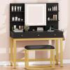imageYITAHOME Makeup Vanity Desk Set with Mirror and Lights amp Power Outlets Makeup Table with 3 Adjustable Lighting Modes Vanity Set with Open Shelves and Hidden Storage Stool for Bedroom BlackMatte Black