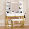 imageYITAHOME Makeup Vanity Desk Set with Mirror and Lights amp Power Outlets Makeup Table with 3 Adjustable Lighting Modes Vanity Set with Open Shelves and Hidden Storage Stool for Bedroom WhiteMilk White