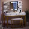imageYITAHOME Makeup Vanity Desk Set with Mirror and Lights amp Power Outlets Makeup Table with 3 Adjustable Lighting Modes Vanity Set with Open Shelves and Hidden Storage Stool for Bedroom BlackWhite