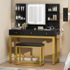 imageYITAHOME Makeup Vanity Desk Set with Mirror and Lights amp Power Outlets Makeup Table with 3 Adjustable Lighting Modes Vanity Set with Open Shelves and Hidden Storage Stool for Bedroom BlackMatte Black