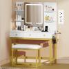 imageYITAHOME Makeup Vanity Desk Set with Mirror and Lights amp Power Outlets Makeup Table with 3 Adjustable Lighting Modes Vanity Set with Open Shelves and Hidden Storage Stool for Bedroom WhiteMilk White