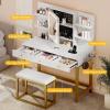 imageYITAHOME Makeup Vanity Desk Set with Mirror and Lights amp Power Outlets Makeup Table with 3 Adjustable Lighting Modes Vanity Set with Open Shelves and Hidden Storage Stool for Bedroom BlackWhite