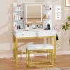 imageYITAHOME Makeup Vanity Desk Set with Mirror and Lights amp Power Outlets Makeup Table with 3 Adjustable Lighting Modes Vanity Set with Open Shelves and Hidden Storage Stool for Bedroom WhiteMilk White