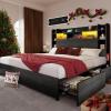 imageYITAHOME Queen Bed Frame with Bookcase Headboard and 4 Storage Drawers RGB LED Bed Frame with USB Charging Station Storage Headboard Bed No Box Spring Needed Noise Free Antique WhiteBlack