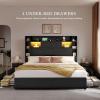 imageYITAHOME Queen Bed Frame with Bookcase Headboard and 4 Storage Drawers RGB LED Bed Frame with USB Charging Station Storage Headboard Bed No Box Spring Needed Noise Free Antique WhiteBlack