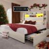 imageYITAHOME Queen Bed Frame with Bookcase Headboard and 4 Storage Drawers RGB LED Bed Frame with USB Charging Station Storage Headboard Bed No Box Spring Needed Noise Free Antique WhiteAntique White